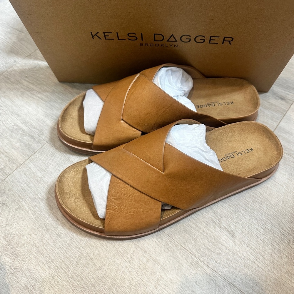 Kelsi Dagger Tan Leather Slide Sandals